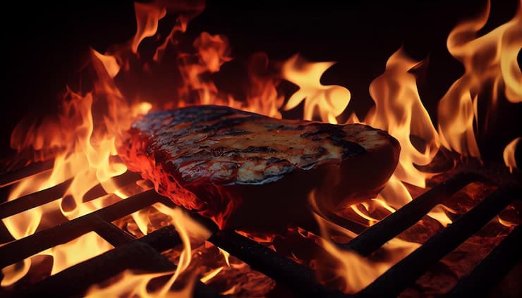 Grilled steaks on charcoal fire